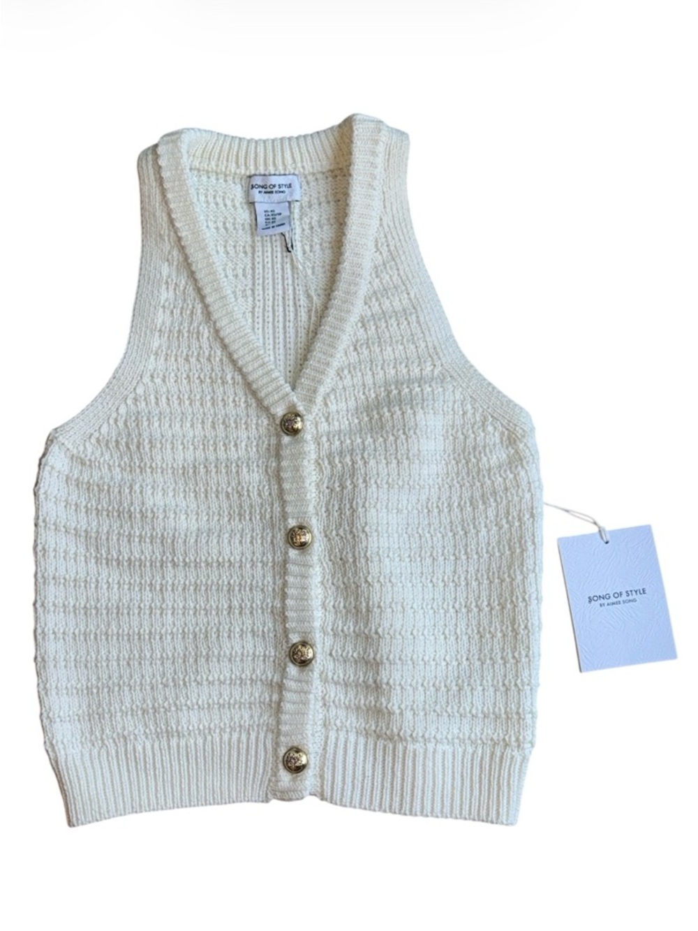HOUSE OF STYLE White Cable Knit Button-Up Vest Tank Top Gold Buttons XSmall NWT - Picture 2 of 10